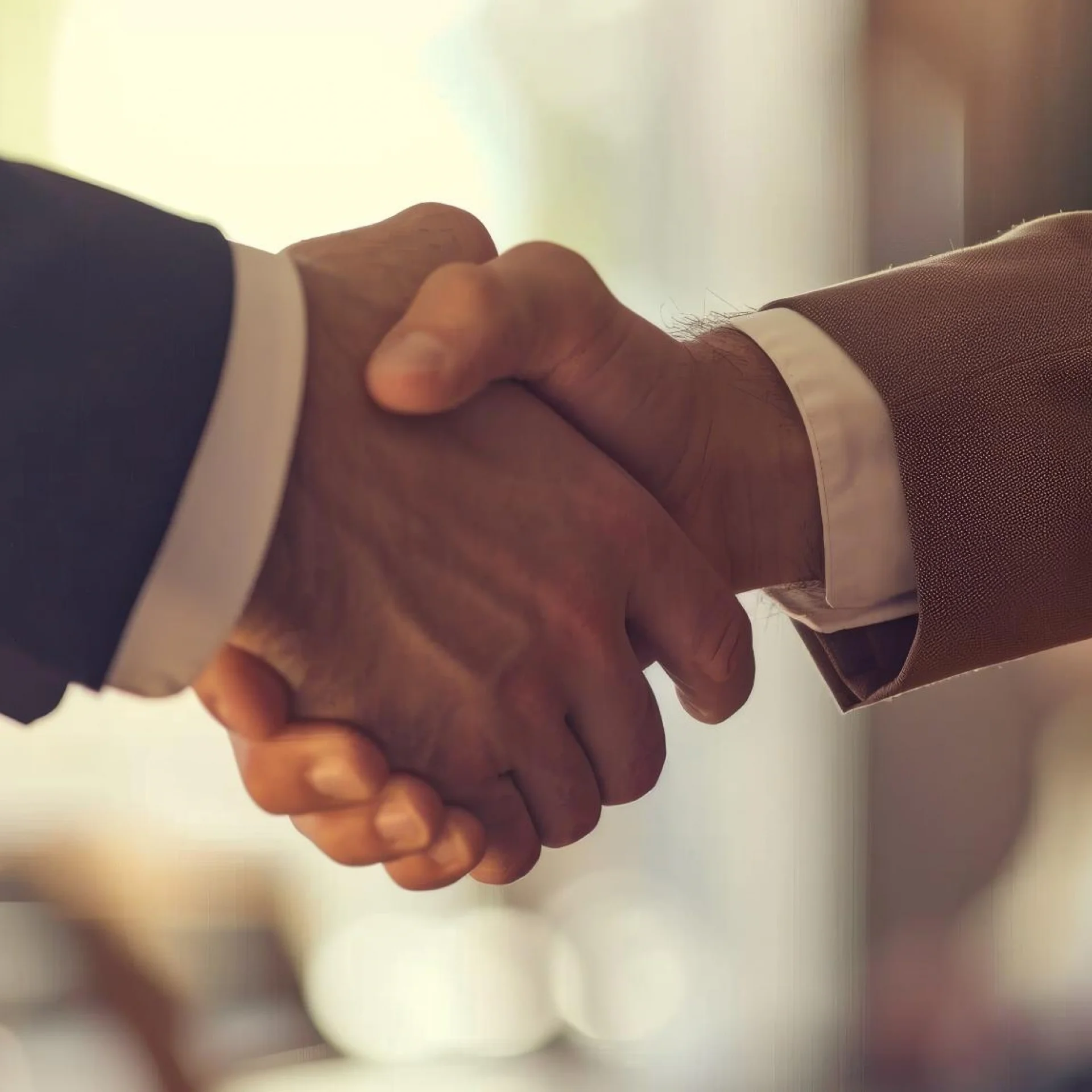 A close-up of two individuals shaking hands, symbolizing partnership and agreement, set against a softly blurred background of a professional setting.