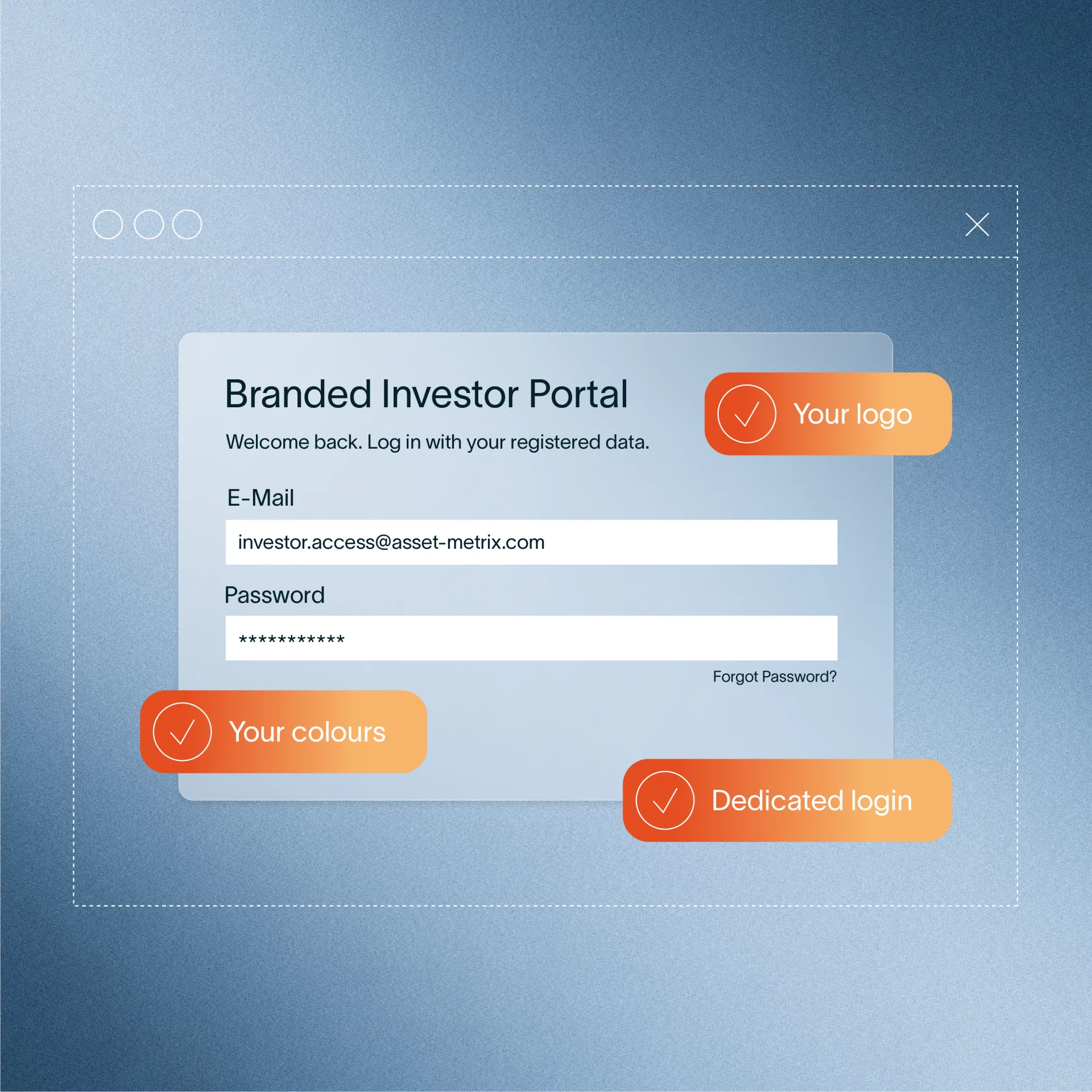 Branded investor portal login screen mockup with customizable logo, colours, and dedicated login callouts
