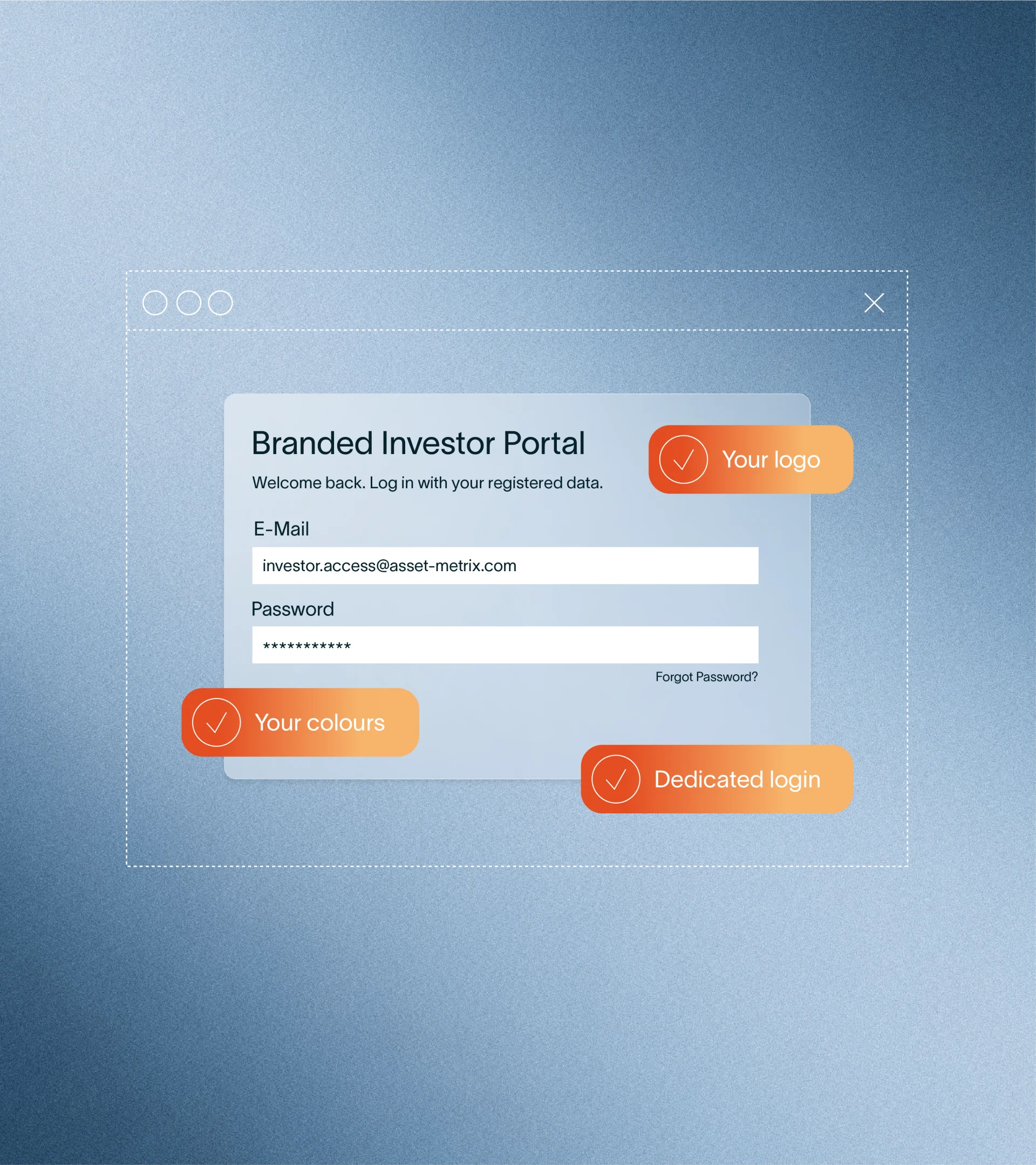 Branded investor portal login screen mockup with customizable logo, colours, and dedicated login callouts