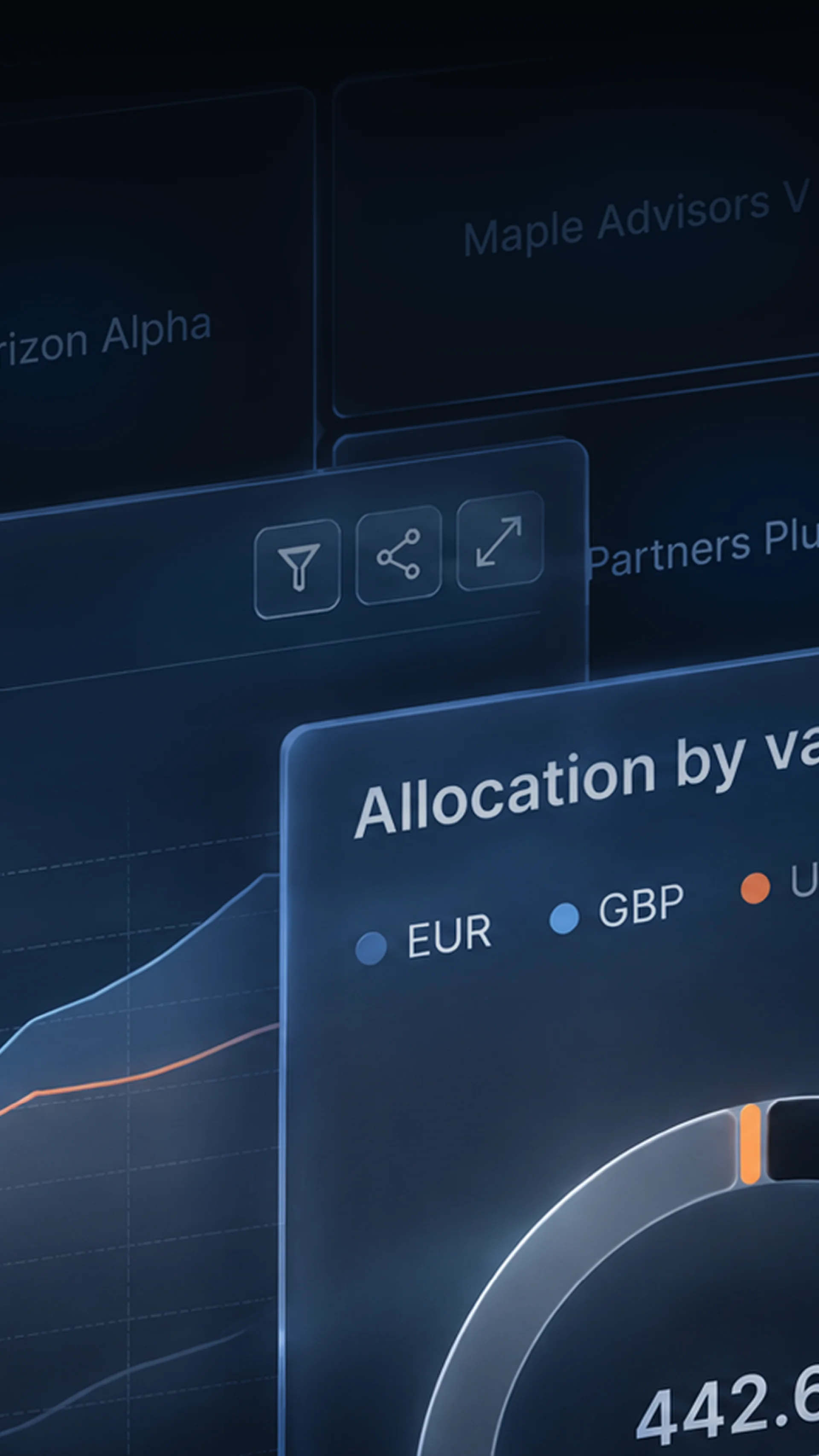 Dark background element with visuals of the Platform with charts and figures semi transparent on dark background