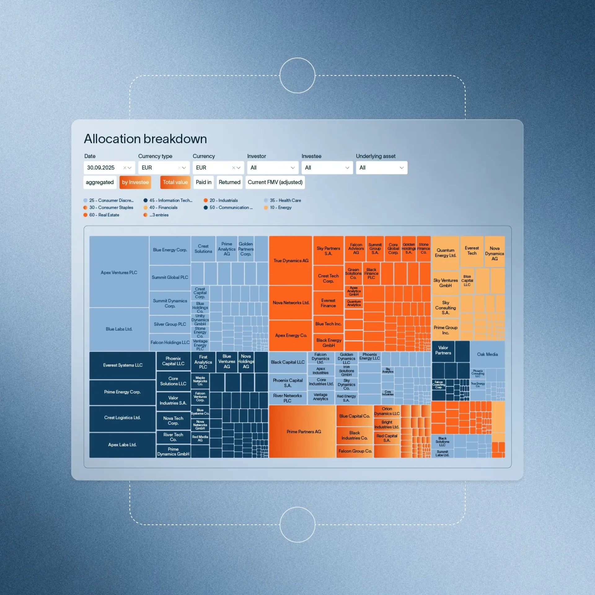 Graphic element showing an allocation breakdown in a graph format with filters function