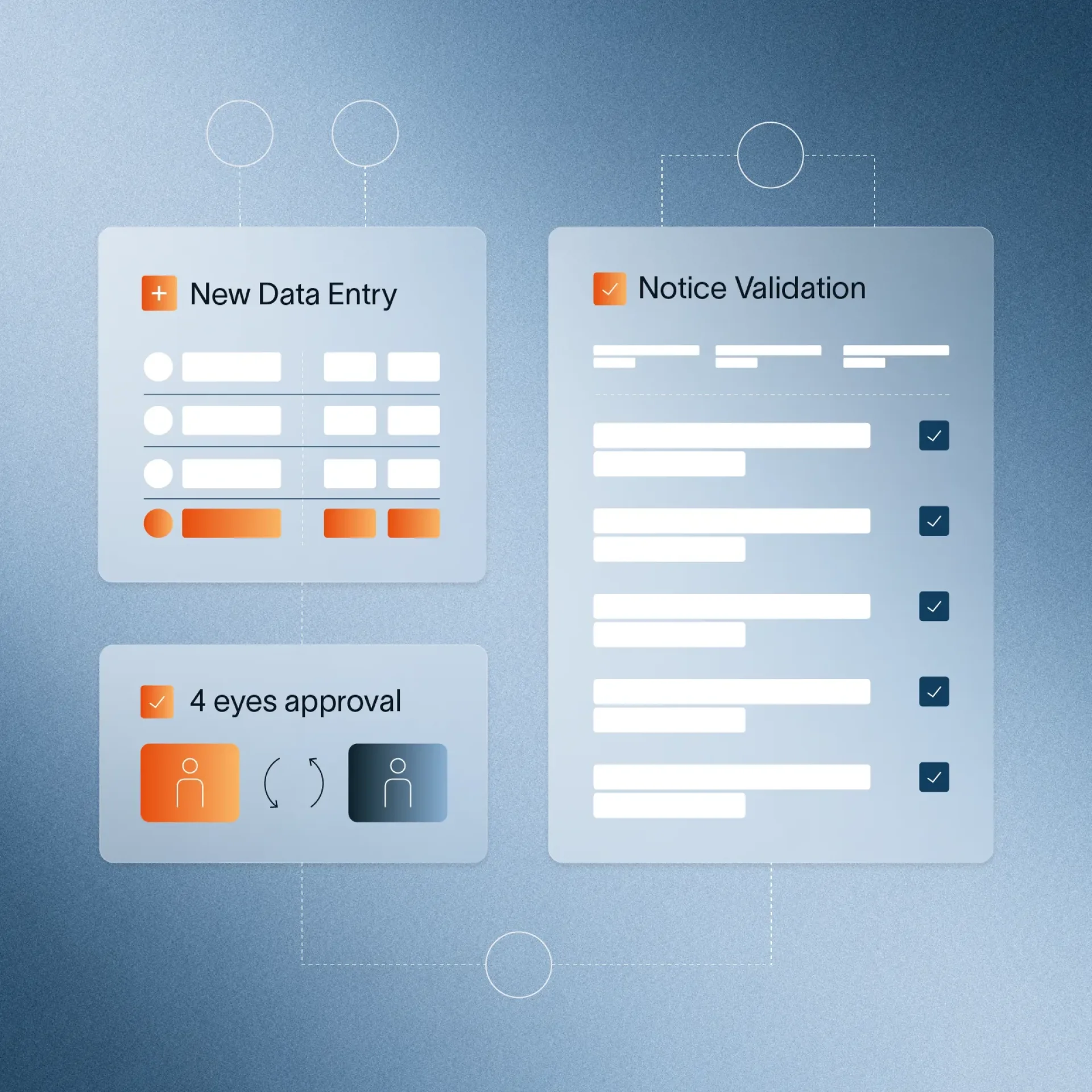 Graphic element showing data entry process, with approval process and validation notice.