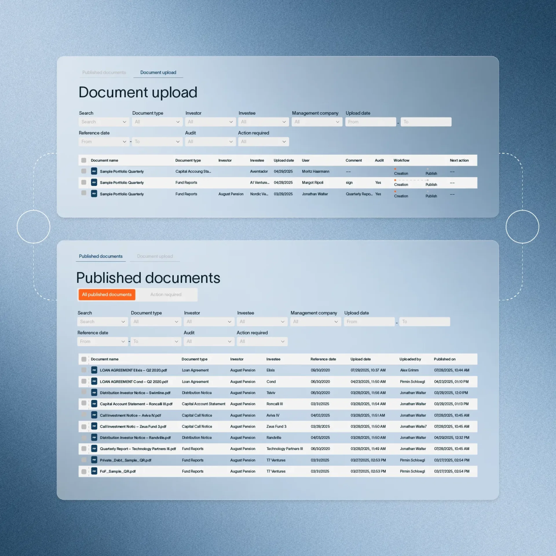 Graphic element for document upload process, published documents, with table view for documents.