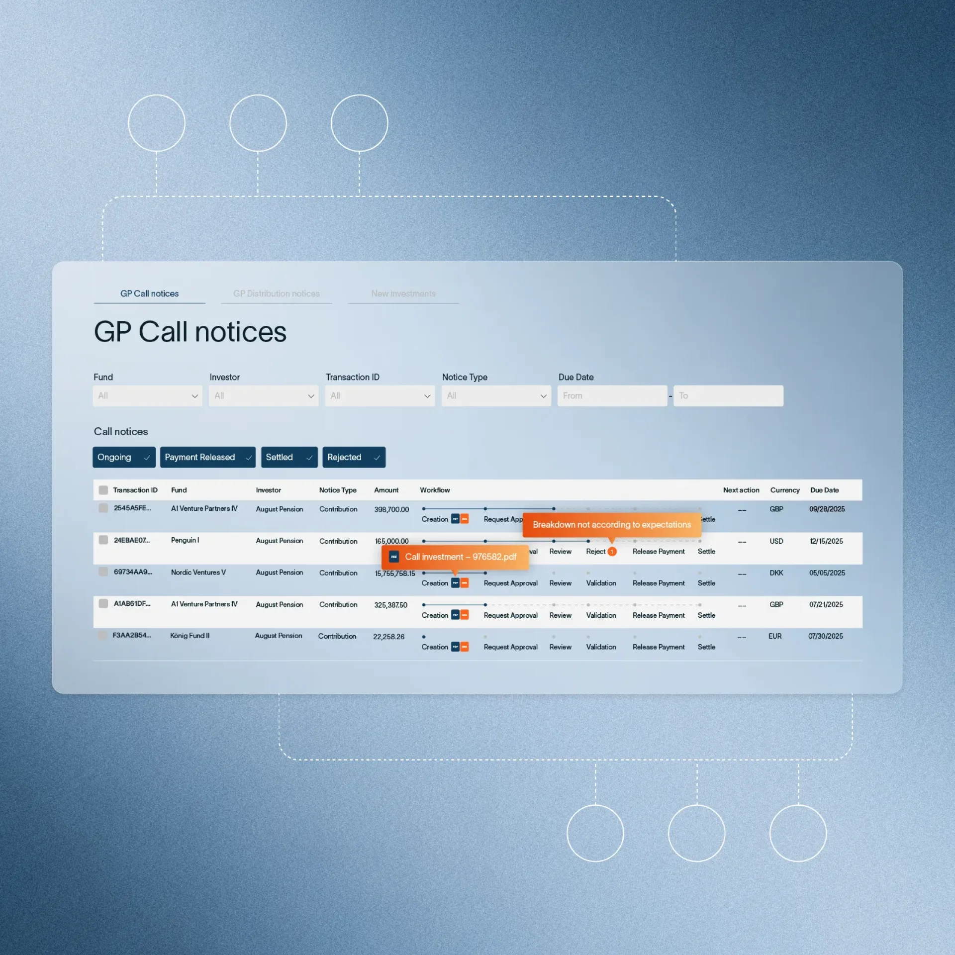 Graphic element for workflow table, with the workflows and process, comments, dates of completion.