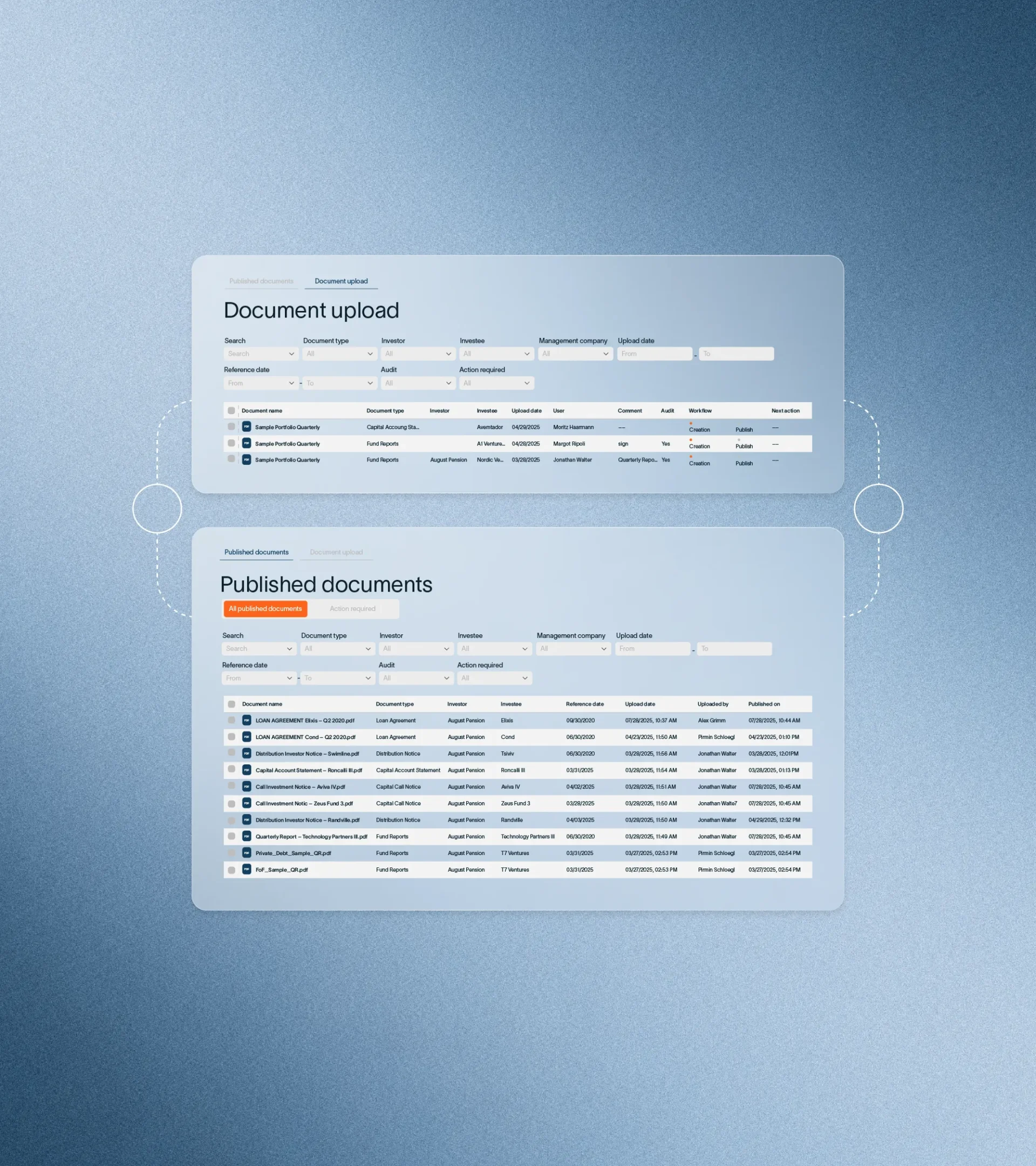 Graphic element for document upload process, published documents, with table view for documents.