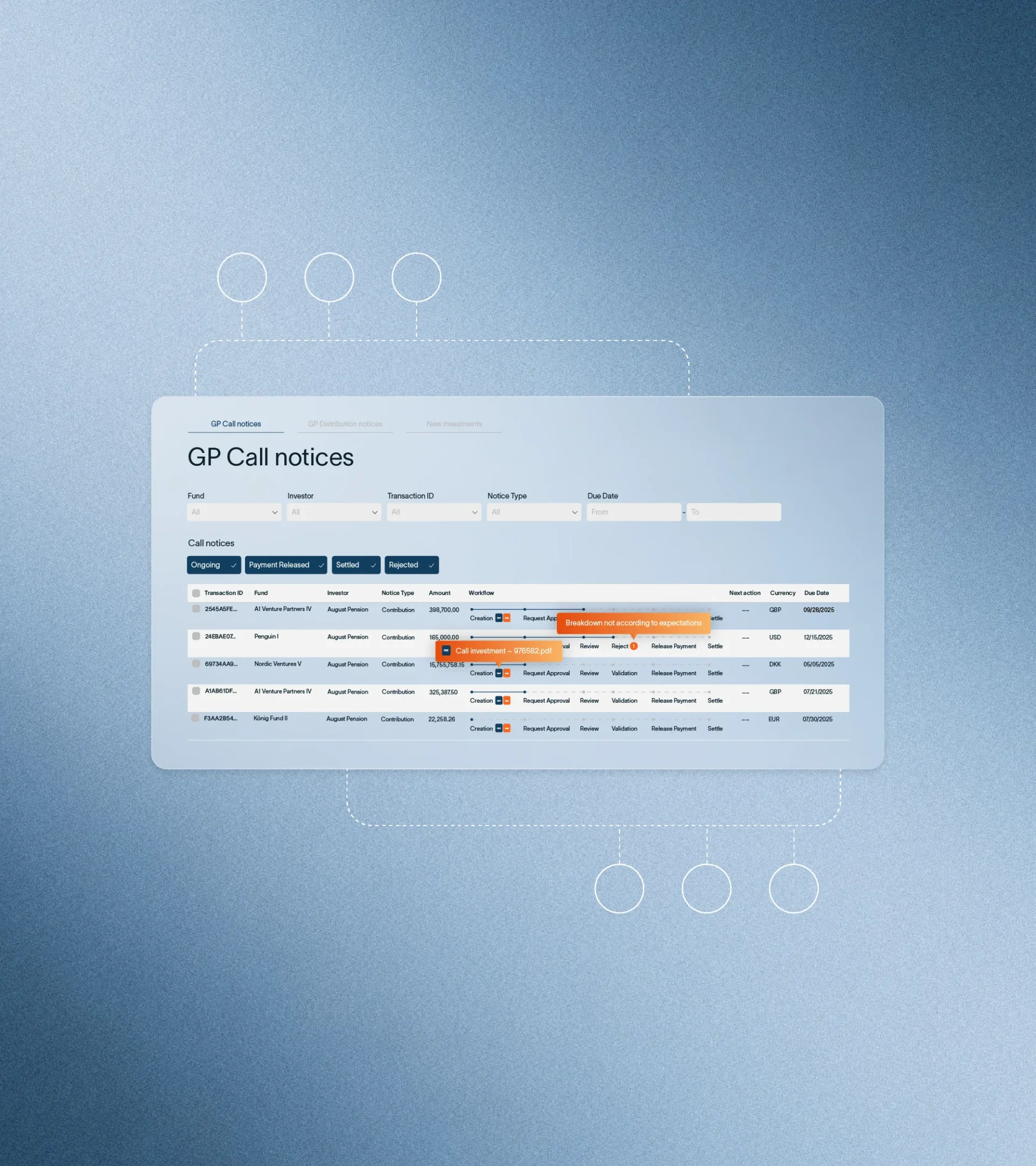 Graphic element for workflow table, with the workflows and process, comments, dates of completion.